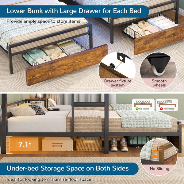 Triple Bunk Bed Twin Over Twin with LED Lights & Storage