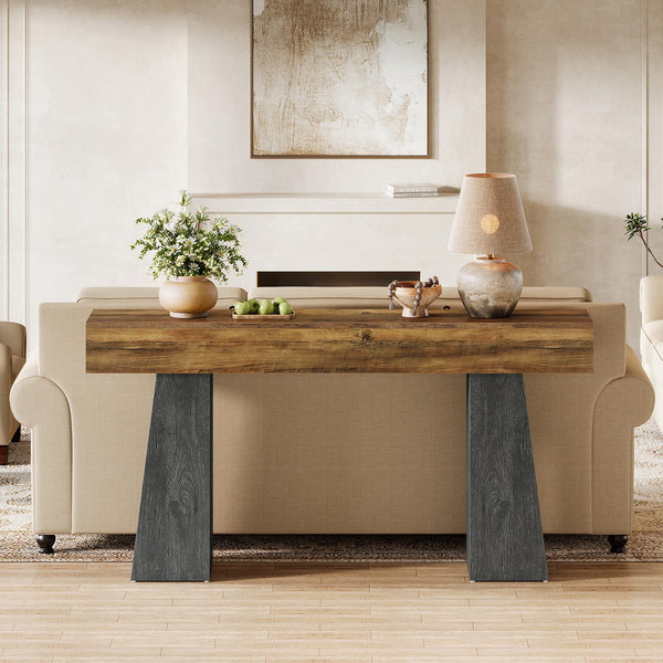 63-Inch Farmhouse Console Table with Double Trapezoid Base
