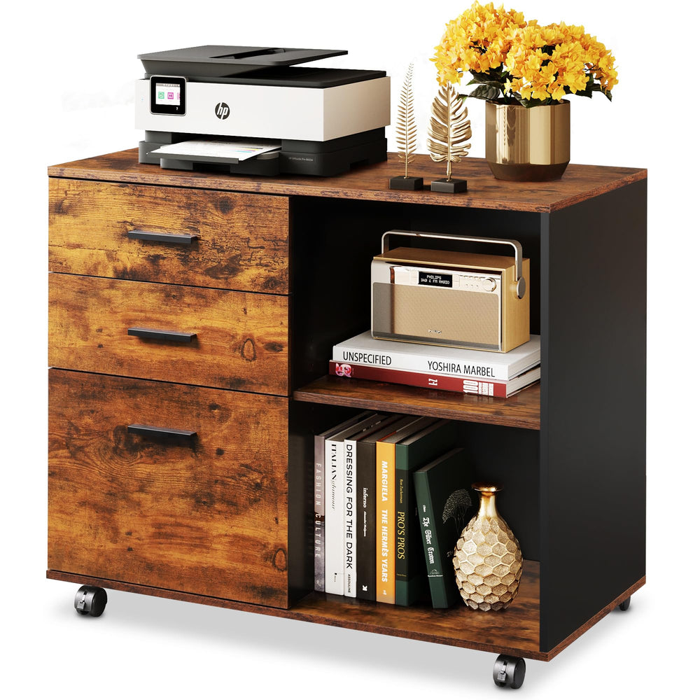 3-Drawer Mobile File Cabinet with Open Shelves