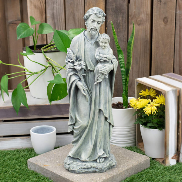St. Joseph Holding Child Garden Statue – Resin Stone, 20"H