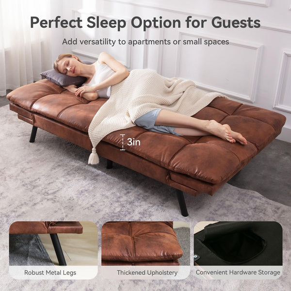 71" Convertible Futon Sofa Bed with Adjustable Backrest & Armrest