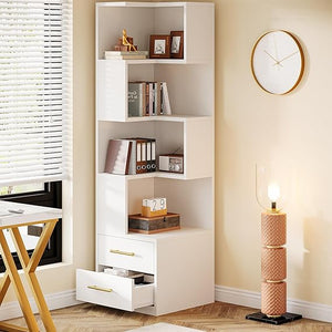 5-Tier Corner Bookshelf with 2 Drawers, 66.9" Tall