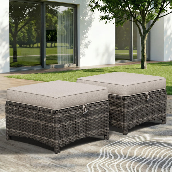 Outdoor Wicker Patio Ottomans Set of 2 with Cushion