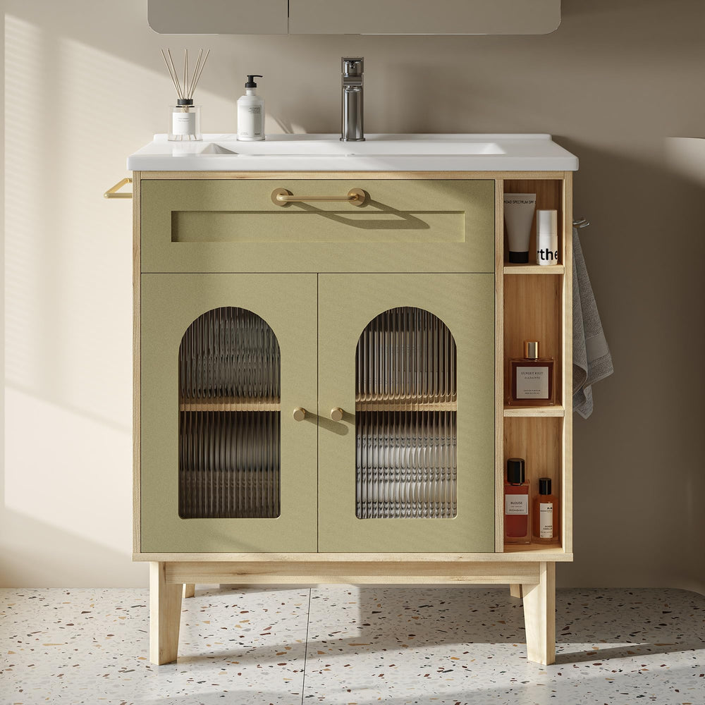 30 Inch Bathroom Vanity with Sink, Arched Glass Door & Ceramic Basin