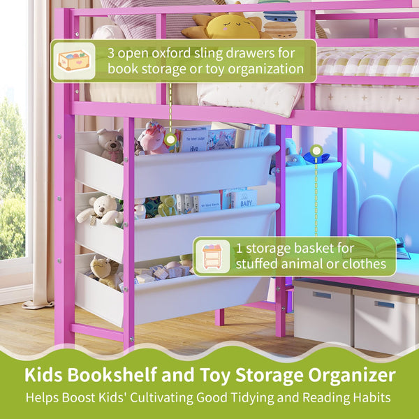 Twin Size Low Loft Bed with LED Lights, Bookshelf & Storage
