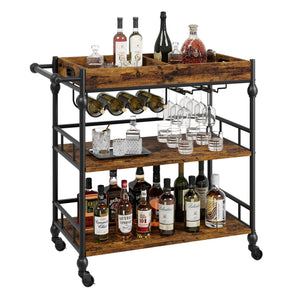 3-Tier Rolling Bar Cart with Removable Tray & Wine Rack