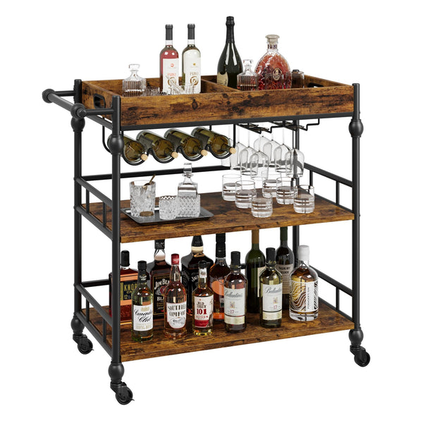 3-Tier Rolling Bar Cart with Removable Tray & Wine Rack