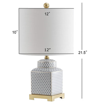 Ceramic Ginger Jar LED Table Lamp – Chinoiserie Fishnet Pattern, Linen Shade