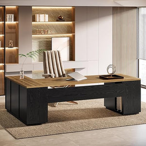 L-Shaped Executive Office Desk with File Drawers & Storage Cabinet