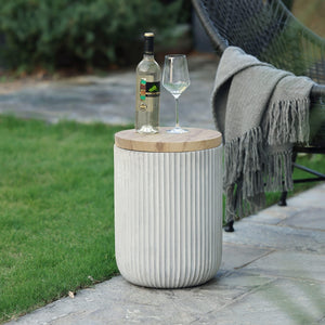 Outdoor Side Table with Storage Cement Patio End Table Wood Lid Accent Table