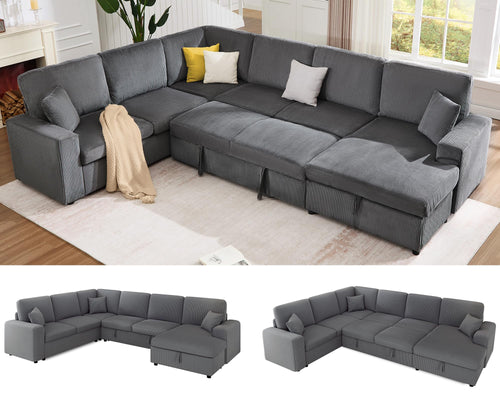 U-Shaped Sectional Sofa Bed with Storage, 6-Seater, 130"