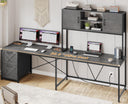 L-Shaped Gaming & Office Desk with LED Lights, Power Outlet, Hutch & Fabric Drawers