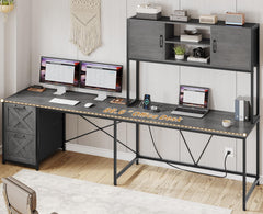 L-Shaped Gaming & Office Desk with LED Lights, Power Outlet, Hutch & Fabric Drawers