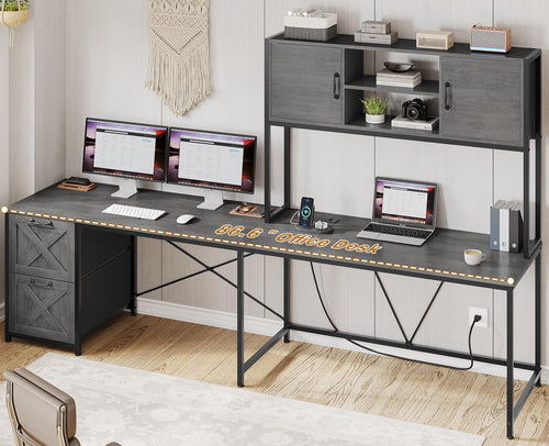 L-Shaped Gaming & Office Desk with LED Lights, Power Outlet, Hutch & Fabric Drawers
