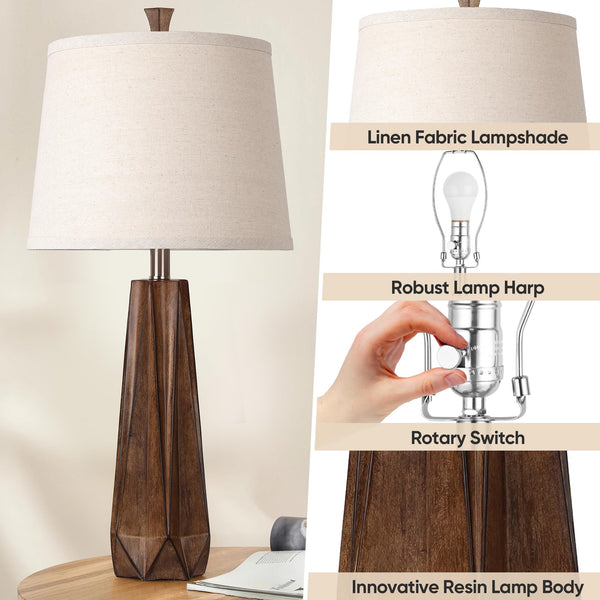 Modern Resin Table Lamps Set of 2 - 3 Color Temperature, Linen Shade, 27"