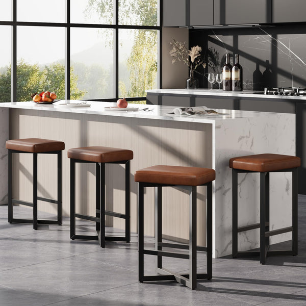 Counter Height Backless Bar Stools with PU Leather Seat & Metal Frame