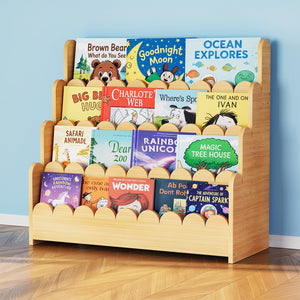 4-Tier Scalloped Kids Bookshelf – Front-Facing Wooden Bookcase