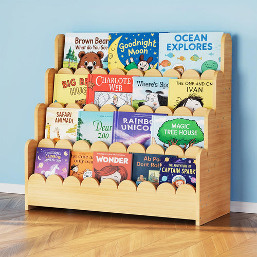 4-Tier Scalloped Kids Bookshelf – Front-Facing Wooden Bookcase
