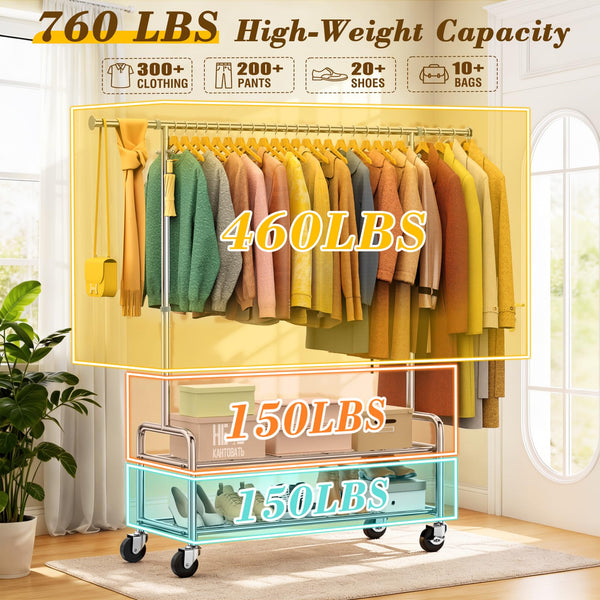 Heavy Duty Rolling Clothes Rack with Shelves