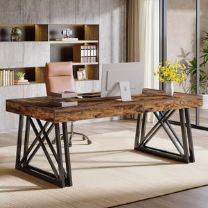 63-Inch Farmhouse Executive Desk with X-Shaped Metal Legs