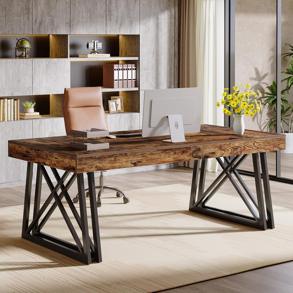 63-Inch Farmhouse Executive Desk with X-Shaped Metal Legs