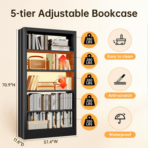 5-Tier Metal Bookcase with Adjustable Shelves
