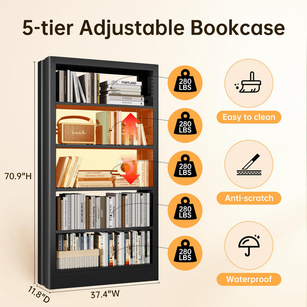 5-Tier Metal Bookcase with Adjustable Shelves