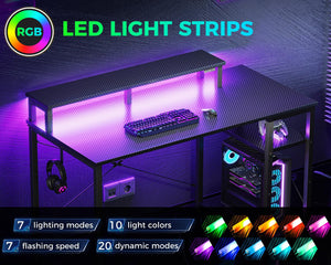 Gaming Desk with LED Lights, Monitor Stand & Side Shelf