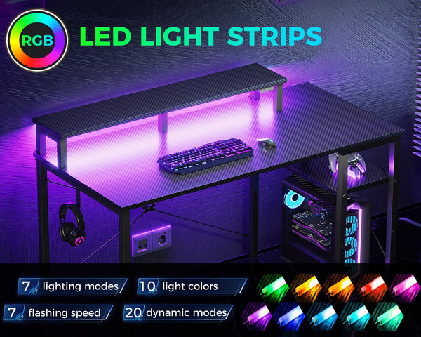 Gaming Desk with LED Lights, Monitor Stand & Side Shelf