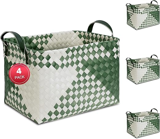 Woven Storage Baskets with Leather Handle