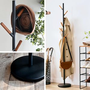Freestanding Coat Rack with Wooden Hooks – Steel Stand for Entryway
