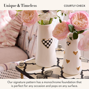 Ceramic Heart Vase – Black & White Courtly Check