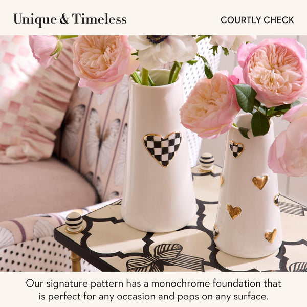 Ceramic Heart Vase – Black & White Courtly Check