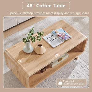 2-Tier Coffee Table with Storage Shelf | Curved Design | 48"