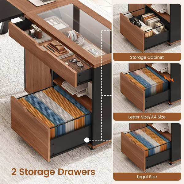 L-Shaped Desk with File Cabinet & Power Outlets