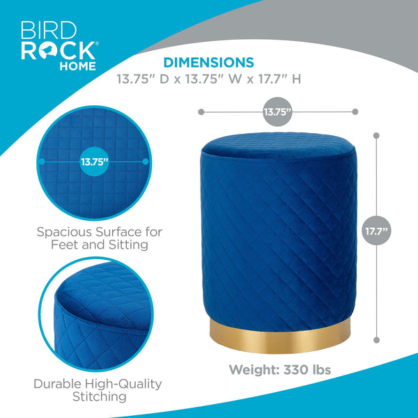 Velvet Round Ottoman Foot Stool – Lattice Design, Gold Trim, Blue