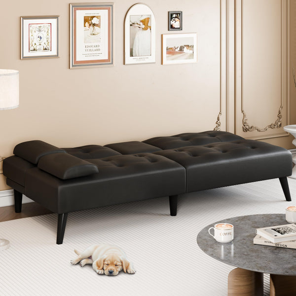 64" Futon Sofa Bed Convertible Loveseat with Cup Holders & Adjustable Angles – PU Leather Black