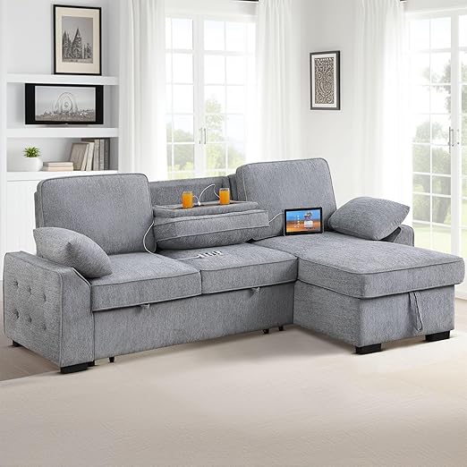 L-Shaped Sleeper Sectional Sofa with Storage & Charging