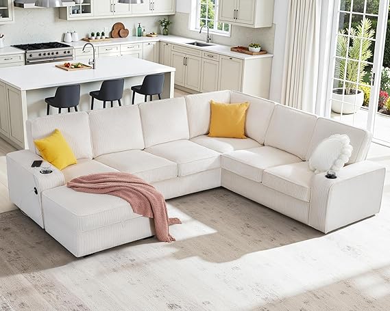 U-Shaped Sectional Sofa with Storage Chaise & Charging Ports