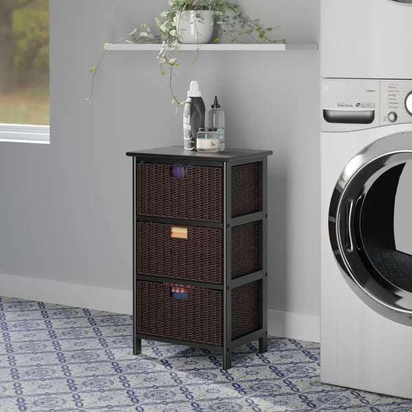 3-Tier Wood Storage Rack with Foldable Baskets – Black