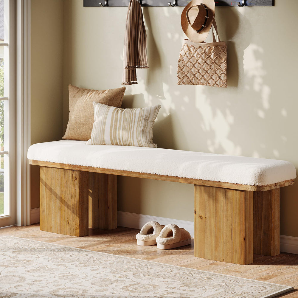59" Upholstered Entryway Bench with Faux Shearling Cushion