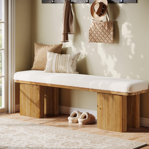 59" Upholstered Entryway Bench with Faux Shearling Cushion