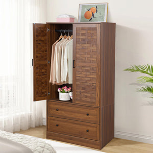 Armoire Wardrobe Closet with Woven Doors, Drawers & Hanging Rail