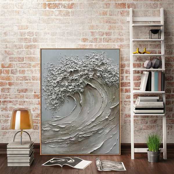 3D Textured Wave Canvas Wall Art – 24x36 Hand-Painted Oil Painting with Wood Frame