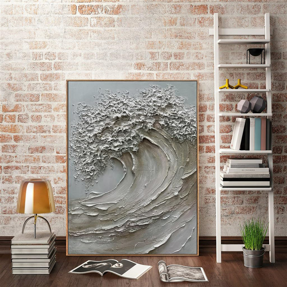 3D Textured Wave Canvas Wall Art – 24x36 Hand-Painted Oil Painting with Wood Frame