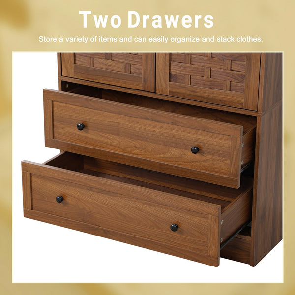 Armoire Wardrobe Closet with Woven Doors, Drawers & Hanging Rail