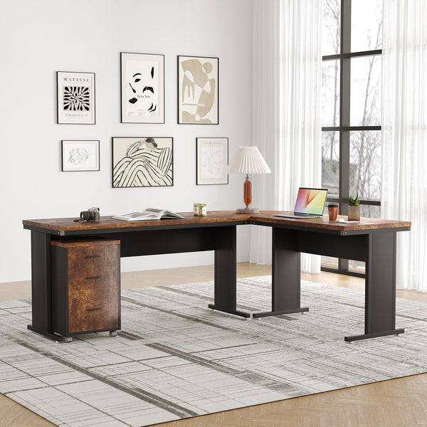 L-Shaped Executive Desk with Drawers & Rolling File Cabinet – 83 Inch Industrial Corner Office Desk