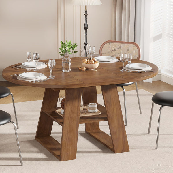 Extendable Round Dining Table with Storage Shelf