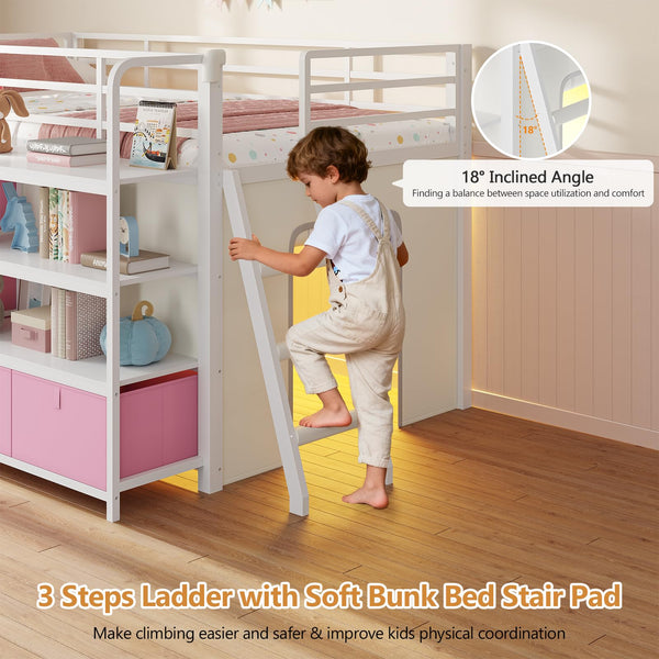 Twin Low Loft Bed with Desk, Storage Drawers, Bookshelf & LED Lights