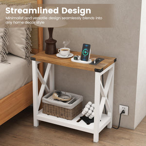 Farmhouse End Tables Set of 2 with Charging Station & Storage Shelf